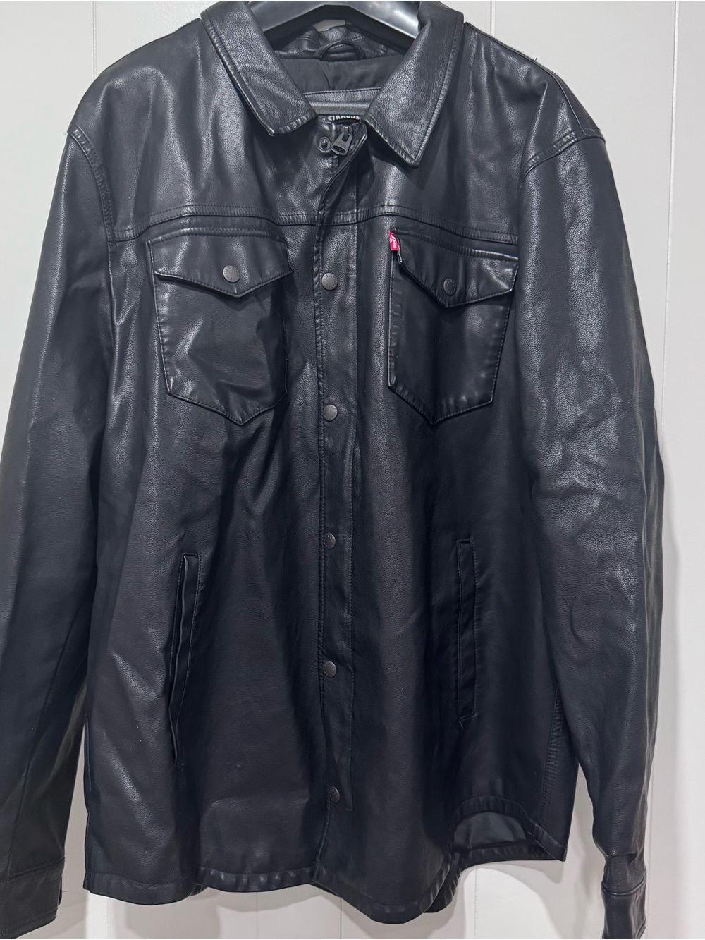 Levi’s Men’s 2XL Black Faux Leather Trucker Jacket Snap Zip Vegan Moto Coat - Picture 2 of 11